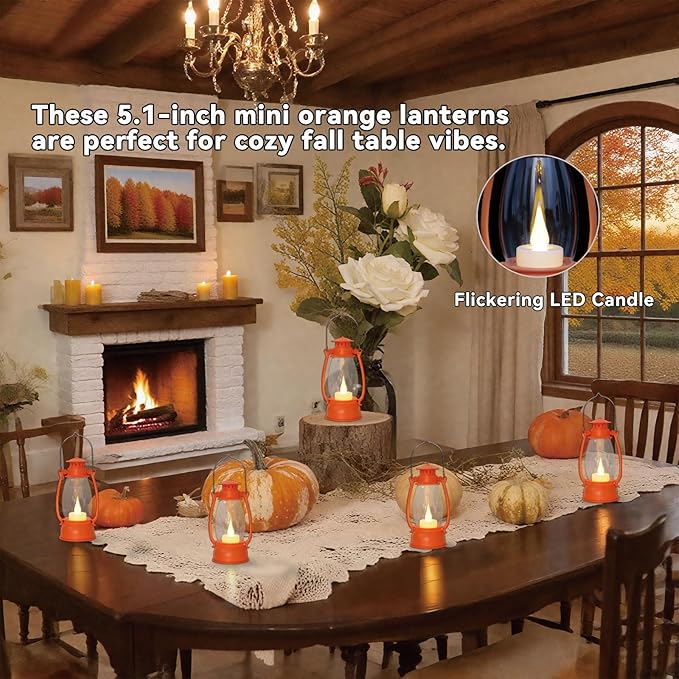 12Pcs Orange Mini Lanterns for Fall Halloween Thanksgiving & Western Camping Decor – Small Lantern Decorative for Table Centerpiece, Hanging Ornaments for Christmas Wedding & Cowboy Party