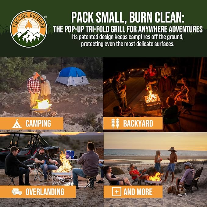 Fireside Outdoor Pop-Up Fire Pit Grill Grates - Folding Campfire Grill Grate Over Fire Pit Grate, Portable BBQ Grills, Camping Cooking, Camping Essentials, Outdoor Cooking - Quad-Fold Grates