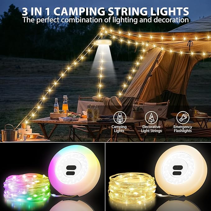 Camping String Lights, 4 in 1 Quick Storage Camping Essentials Gear 32.8FT Rechargeable Tent Lights with 9 Modes Warm +RGB Waterproof Camp Lamp for Camping Hiking Patio Garden Halloween Xmas Decor