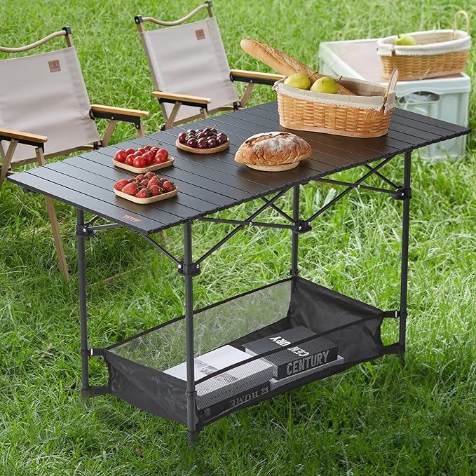 VEVOR Folding Camping Table, Adjustable Height Portable Side Tables, Aluminum MDF Beach Table with Mesh Layer, Carrying Handle, Lightweight Compact for Outdoor Picnic BBQ Cooking (45inch-Black)