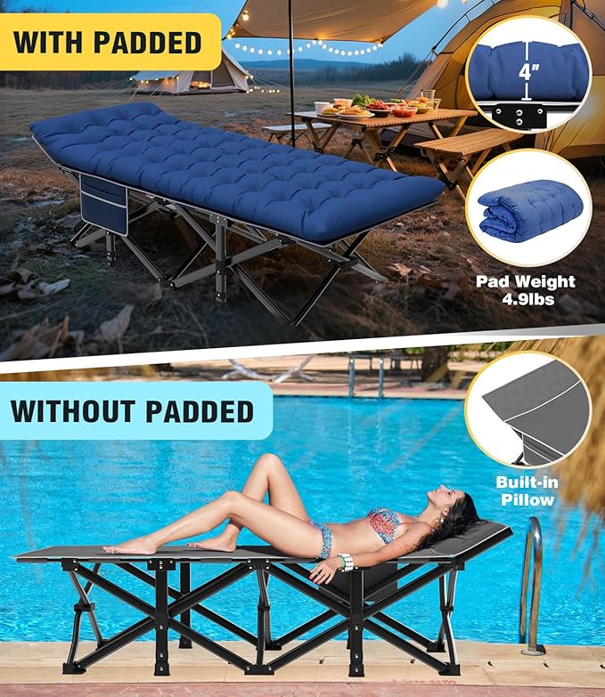 Slendor XXL Camping Cot, Oversized Camping Bed, 79" L x 32" W x 19" H Sleeping Cot with Mattress, Carry Bag, Camp Cot Bed for Travel, Guest, Support 900lbs, Blue Cot+ Blue Pad