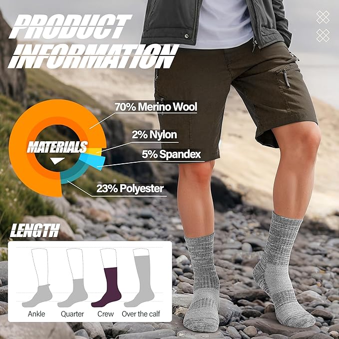 ANTSANG Merino Wool Hiking Socks for Men & Women 5 Pairs Thermal Warm Winter Thick Cushion Moisture Wicking Crew Boot Socks