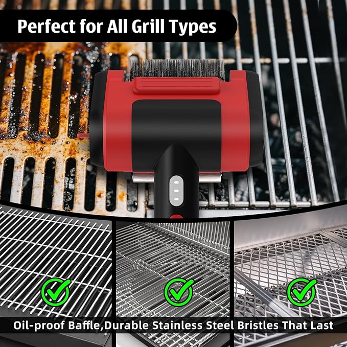 Electric Rechargeable Grill Brush,Grill Cleaner for Outdoor Grill with 800 RPM Motor - Bristle-Free Stainless Steel Grill Cleaner with LED Light for BBQ, Heavy Duty Grill Cleaning Tool (BlackRed)