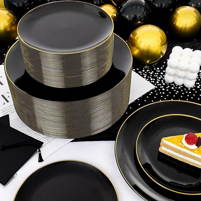 KIRE 350 PCS Plastic Dinnerware Set for 50 Guests - Black and Gold Plates 50 for Dinner 50 for Dessert & 50 Pre Rolled Napkins with Disposable Silverware 50 Cups for Halloween Party/Banquet/Wedding
