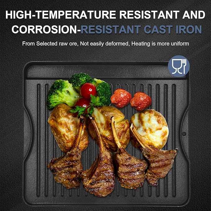 Criditpid Flat Griddle Top Plate Replacement Parts for Gas Stove, Charcoal, Electric, Propane, Gas Grill, 14" x 16" 2-in-1 Reversible Pre-Seasoned Cast Iron Cooking Griddle for Camping Tailgating.