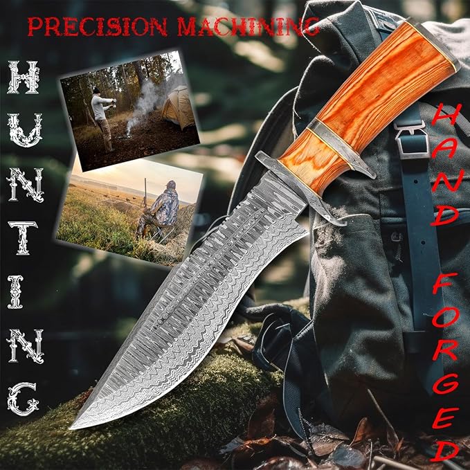 NOORAKI - 15″ Damascus Bowie Knife with Sheath | Hand Made Hunting Knife - Fixed Blade Long Bowie Knives - Ideal for Survival ,Chopping, Camping, Outdoor Gift for Men |Tactical Knife Wood Handle (Brown)
