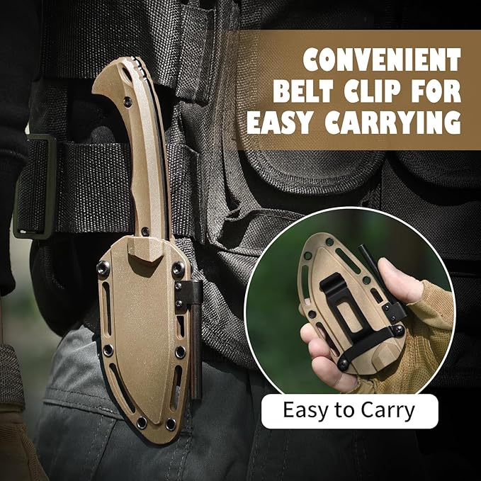 Survival Knife with Fire Starter L-Y, 7.68" Full Tang Small Fixed Blade Knife with Belt Clip, Khaki + Stonewashed Black