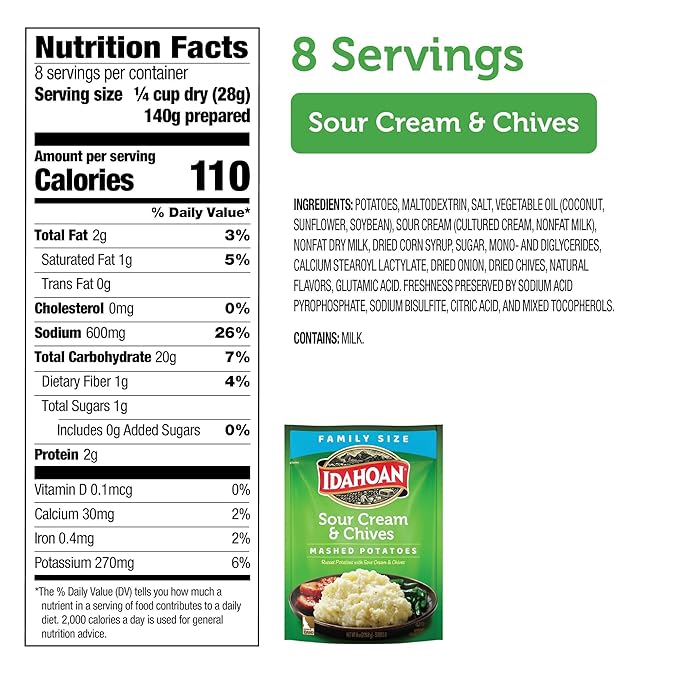 Idahoan Sour Cream & Chives Mashed Potatoes, Naturally Gluten-Free, 100% Real Idaho Potatoes, 8 servings per bag, 8 ounce (Pack of 8)