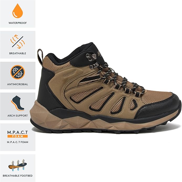 HI-TEC Valley Geo Mid Waterproof Hiking Boots for Men, Lightweight Breathable Outdoor Trekking and Trail Sneakers, Sizes 7 to 15