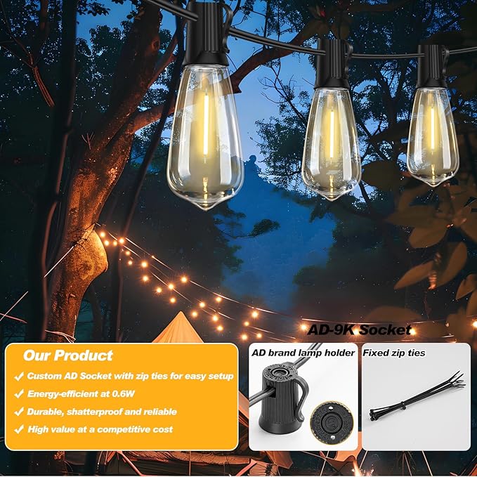 100 FT Commercial Grade Outdoor String Lights with 52 Shatterproof Waterproof LED Edison Bulbs Hanging Lights for Wedding Party Cafe