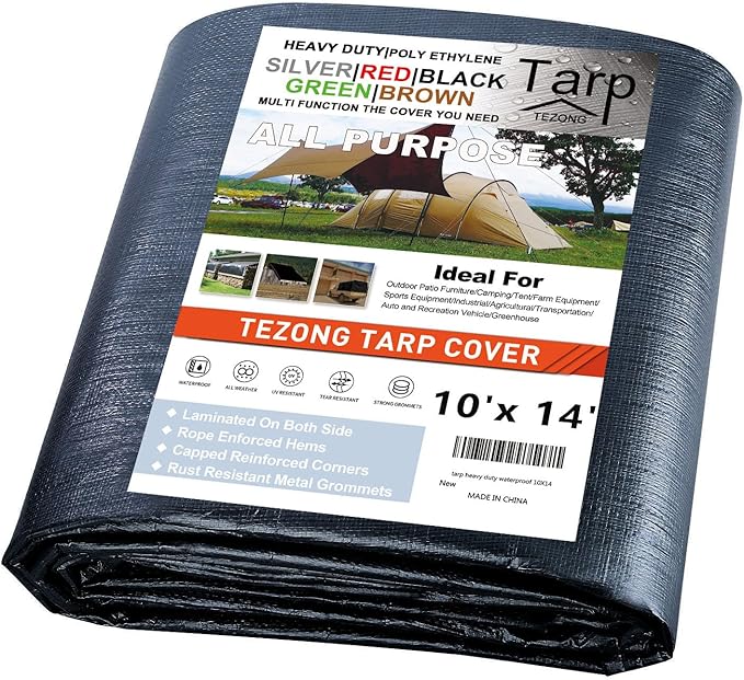 Tarps Heavy Duty Waterproof 10x14ft,TEZONG Black Tarp 16Mil Plastic Tarpaulin Outdoor Tarp Cover for Emergency Rain,Patio Furniture,Wood,Roof,Camping,Car,Pool