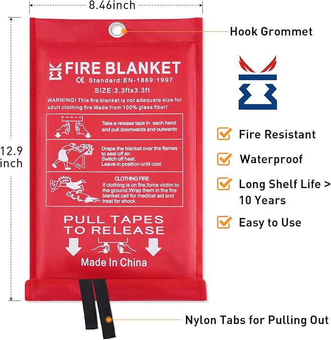 Fire Blanket for Kitchen Home Emergency - Fiberglass Blankets Fire Survival Suspension Flames Retardant Extinguisher Great for Stove Car Garage Office Camping Caravan BBQ Safety (4-Pack)