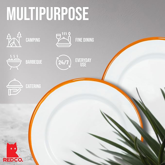 Red Co. Set of 4 Enamelware Metal Classic 8" Round Salad Plate, Solid White/Orange Rim