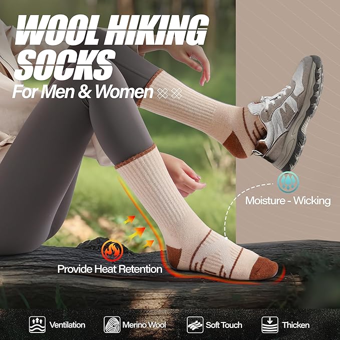 ANTSANG 5 Pairs Merino Wool Hiking Socks for Men & Women Thermal Winter Warm Moisture Wicking Cushion Boot Socks