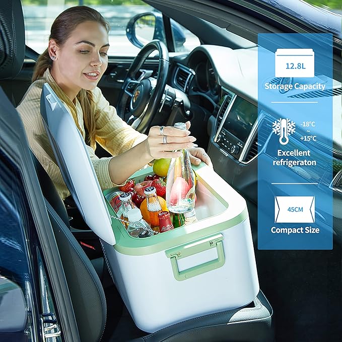 12 Volt Refrigerator Portable Car Freezer 13.5 Quart (12.8 Liter) Compressor Cooler 12V/24V DC 110~240 Volt AC for Truck Van RV Camper SUV Boat Travel Camping Road Trips Tailgating -18℃~+15℃