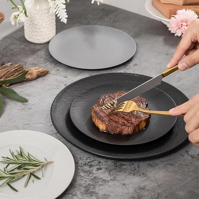 WONDERFUL 32pcs Black Plates Black Plastic Plates Halloween Plates Unbreakable and Reusable Plastic Plate Dishwasher safe Dishes Set Includes:16 Dinner 10" & 16 Dessert Plate 7.3" Suitable for Camping