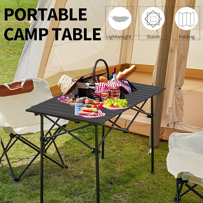 SHANQUAN Folding Camping Table, 46.5 ร 21.7 Inches Portable Camp Table Aluminum Fold Up Lightweight Roll Up Table Adjustable Height with Carry Bag for Camping, Picnic, Backyard, BBQ, Patio, Black