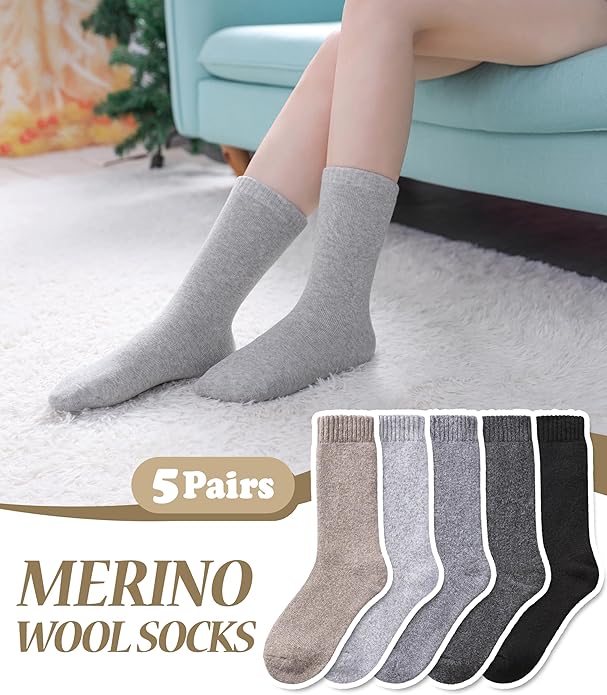 FNOVCO Wool Socks for Women Winter Warm Hiking Boot Thick Thermal Cozy Crew Socks 5 Pairs