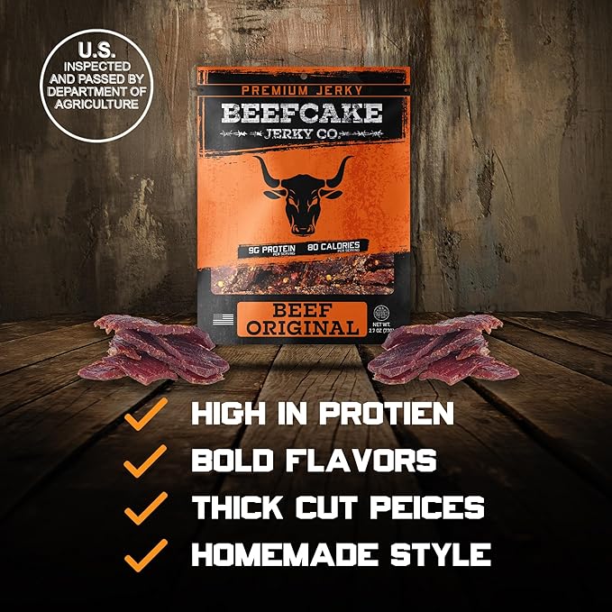 BEEFCAKE Jerky Best Sellers Collection, Includes Beef Jerky Sweet Heat, Teriyaki, Original & Smokehouse, 9 Gram of Protein & 100 Calories 2.7 Oz | Pack of 4