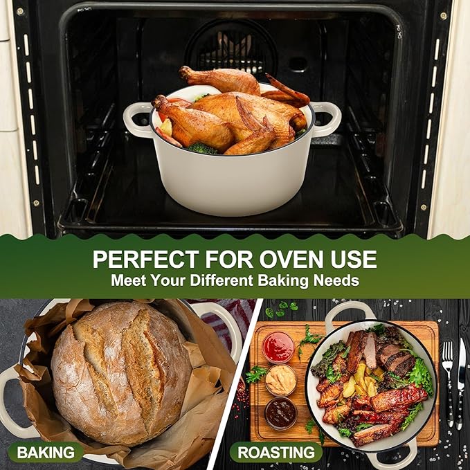 P&P CHEF 6QT Enameled Dutch Oven, Cast Iron Dutch Oven Pot with Lid for Bread Baking, Enameled Casserole Pot for Roasting Braising Stewing Frying Simmering, Various Stoves & Easy Clean, Khaki