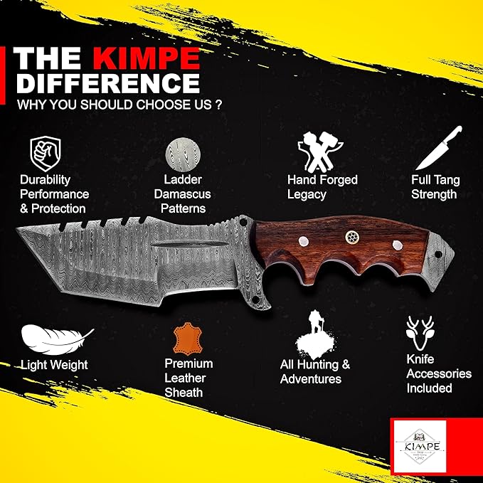 KIMPE 10.5’’ Damascus Hunting Knife with Leather Sheath-Fixed Blade EDC Knife-Bushcraft Knives-Wood Handle-Best Camping & Survival tool-Knives for Men. (Rose Wood)