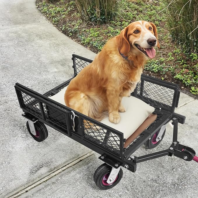 Collapsible Foldable Steel Garden Cart 360lbs, Heavy Duty Folding Utility Wagon Cart w Removable Mesh Sides, All-Terrain Wheels & 180° Rotating Handle for Camping Shopping