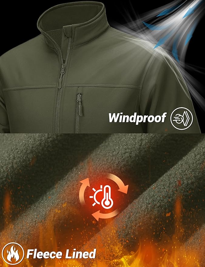 TACVASEN Men's Lightweight Softshell Jacket Fleece Lined Waterproof Tactical Rain Zip Up Winter Coat Windbreaker Casual