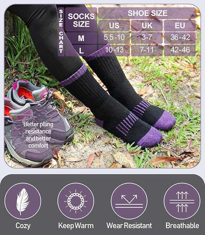 DYW Womens Merino Wool Hiking Socks Thermal Warm Winter Boot Crew Socks Cushion Work Walking Gift Socks 5 Pairs