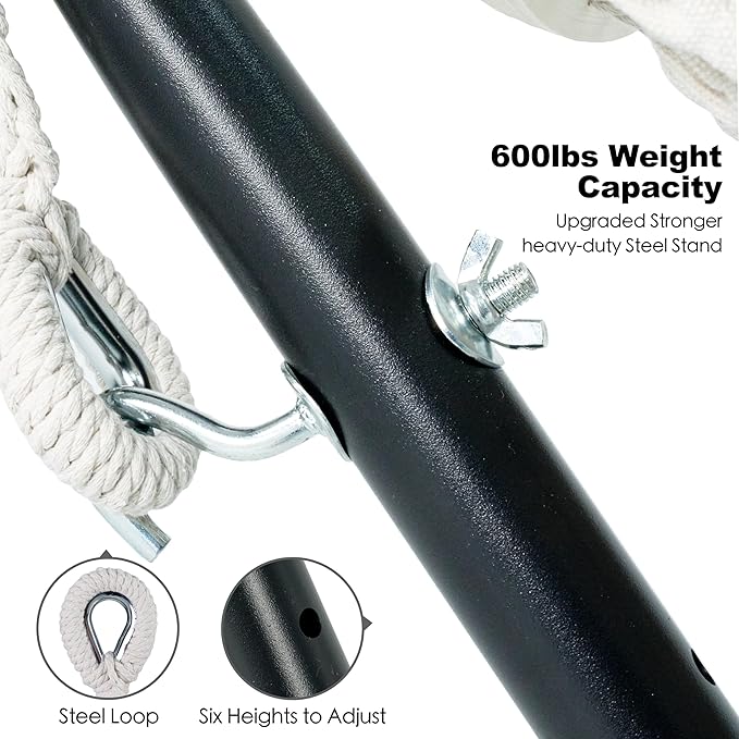 Double Hammock with Stand for Outside, Upgraded Spreader Bar, Heavy Duty Space Saving Steel Stand 2 Person, Convenient Pocket, Easy Assembly, 600lbs Weight Capacity, Indoor & Outdoor (Natural