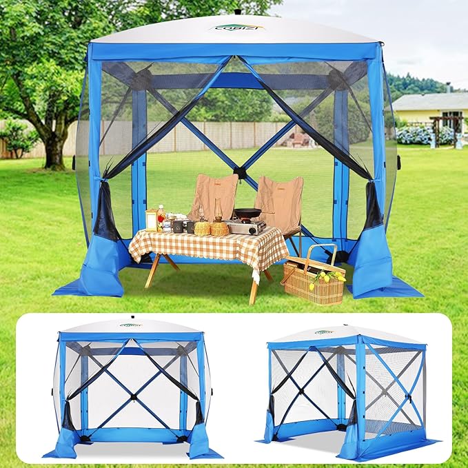 COBIZI 6x6 Pop up Gazebo Tent, Ez up Waterproof Screen Tent Screen House, Portable Outdoor Canopy Sun Shelter with Carry Bag & Ground Stakes for Camping, Garden and Picnics, Blue(Upgraded 2.0)