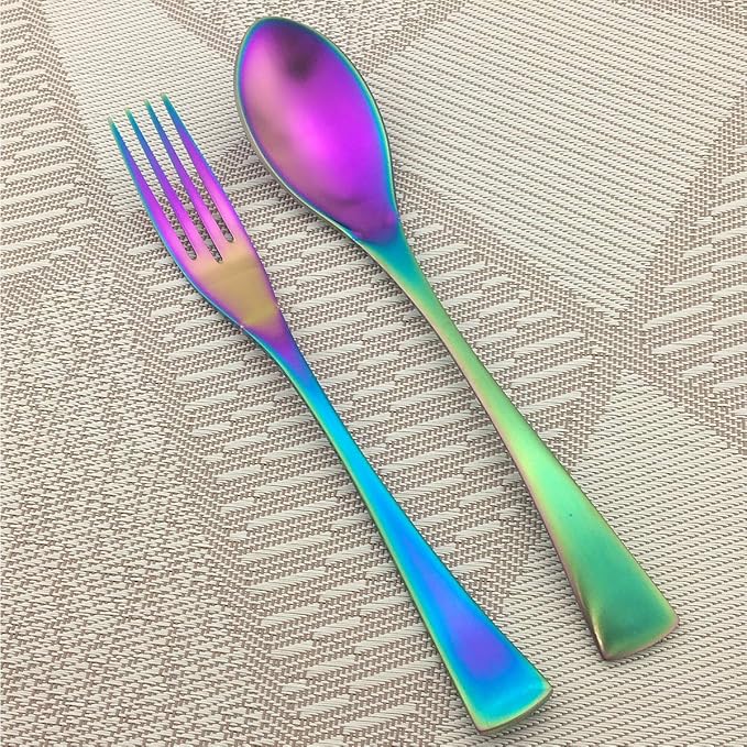 Rainbow Silverware Set, 6-Piece Stainless Steel Flatware Set Service for 1, Tableware Cutlery Set for Home and Restaurant, Knives Forks Spoons, Matte Finish, Dishwasher Safe (Rainbow)