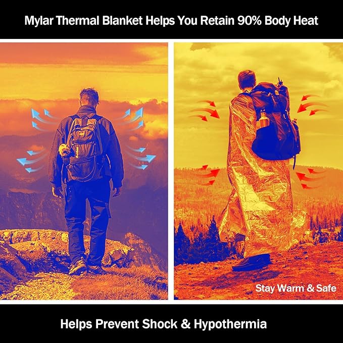 12-Pack Emergency Mylar Thermal Blankets, 82"x62" Space Blankets Foil Blanket, XL Camping Blanket for Outdoors, Hiking, Survival kit, Bug Out Bag,Marathons or First Aid, Golden