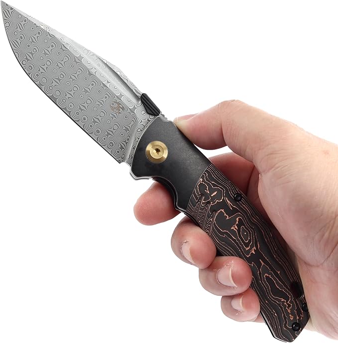 KANSEPT Hinterland Pocket Folding Knives for Men EDC Camping Folding Knife 3.58'' Damascus Blade Pocket Knife with Blackwash Titanium + Copper Carbon Fiber Handle Everyday Carry K1057A3