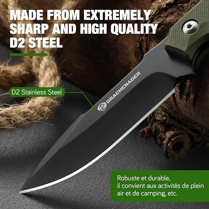 7" D2 Steel EDC Fixed Blade Knife, Versatile Carry with Kydex Sheath and G10 Handle (B- Black Balde + Green Handle)