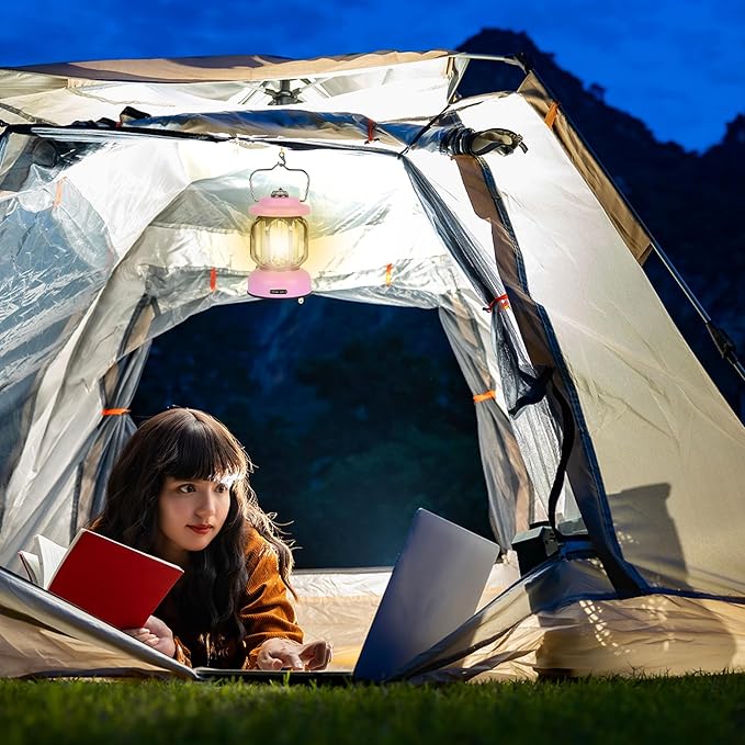Rechargeable LED Camping Lanterns, 2000mAh Vintage Camping Lights Battery Operated Rechargeable , Hanging Retro Metal Hiking Tent Lamp for Emergency, Hurricane,Decoration,Home,Pink,2 Pack