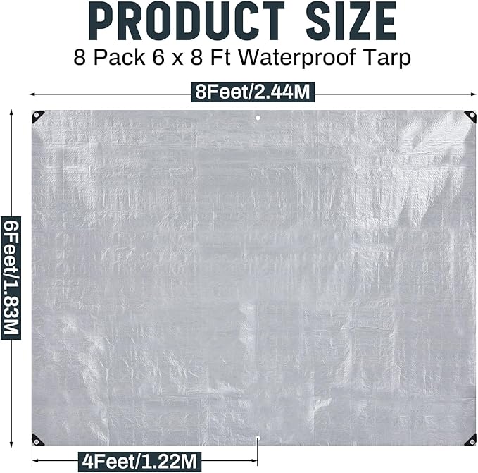 12 Pack 6 x 8 ft 5.5 Mil Large Tarps Heavy Duty Waterproof Tarp Multi Purpose Tent Cover for Home Boats Cars Camping Patio Furniture Roof Emergency Rain Protective Cover, Silver