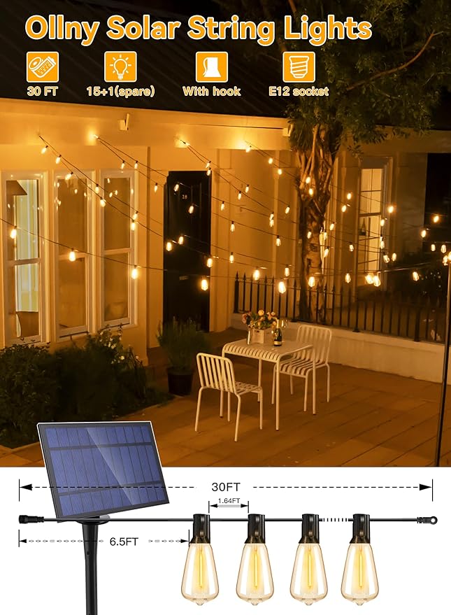 Ollny 15+1 LEDs ST38 Solar String Lights, 30 FT USB & Solar Dual Charging Outdoor String Lights, 3 Modes 5 Timers 10 Brightness 2200K Waterproof Patio Lights for Porch Garden Market Bistro Camping