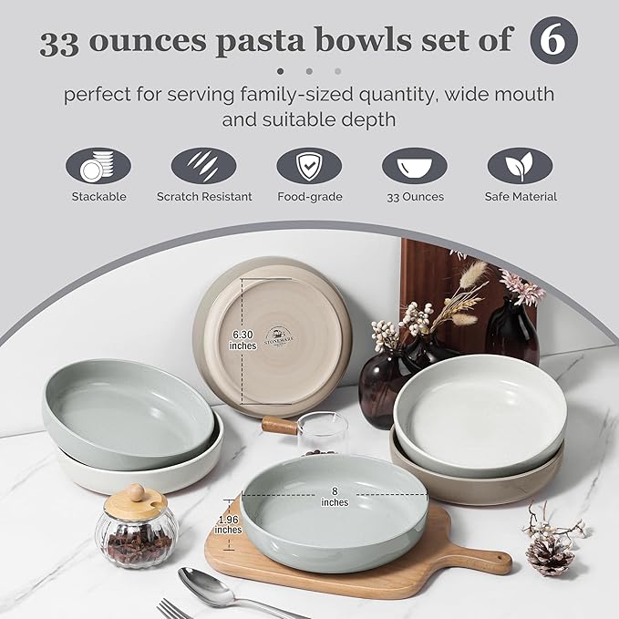 HaWare Pasta Bowls Set of 6, 33oz Large Salad Bowls for Home Kitchen, Ceramic Serving Plates for Soup, Cereal, Scratch-resistant Wide and Shallow Dinner Bowl, Microwave & Dishwasher Safe, Multicolor