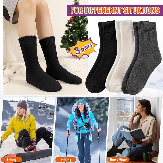 Women Heated Socks Ski Winter Thermal Hiking Snowboarding Thick Boot Insulated Socks 3 Pairs