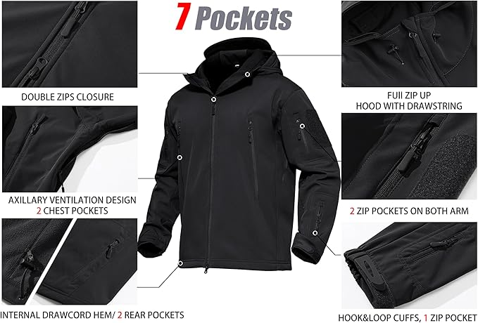 MAGCOMSEN Men's Tactical Jacket 7 Pockets Performance Fleece Lined Water Resistant Ski Snow Soft Shell Winter Coats