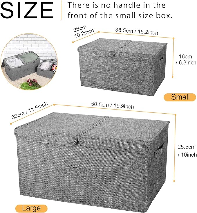2 Pack Large Linen Fabric Collapsible Storage Bins with Lid and Handles, Washable Storage Box Baskets Cube with Removable Divider for Bedroom,Closet,Office,Living Room,Nursery (Black, Small)