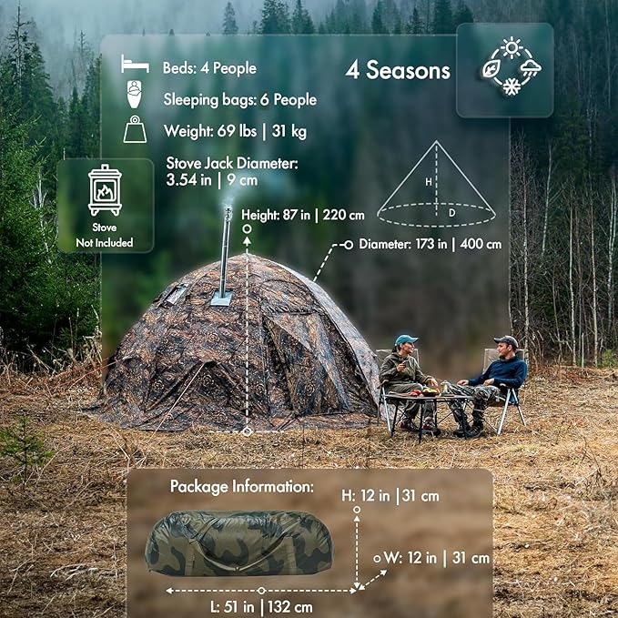 Rbm Outdoors Hot Tent with Stove Jack, Easy Setup 4 Season Winter Tents for Camping, Cold Weather Wall Double Layer Waterproof & Windproof Shelter