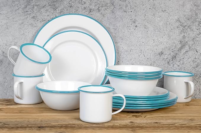Red Co. 16-Piece Enamelware Metal Dinnerware Set for 4, Solid White/Teal Rim