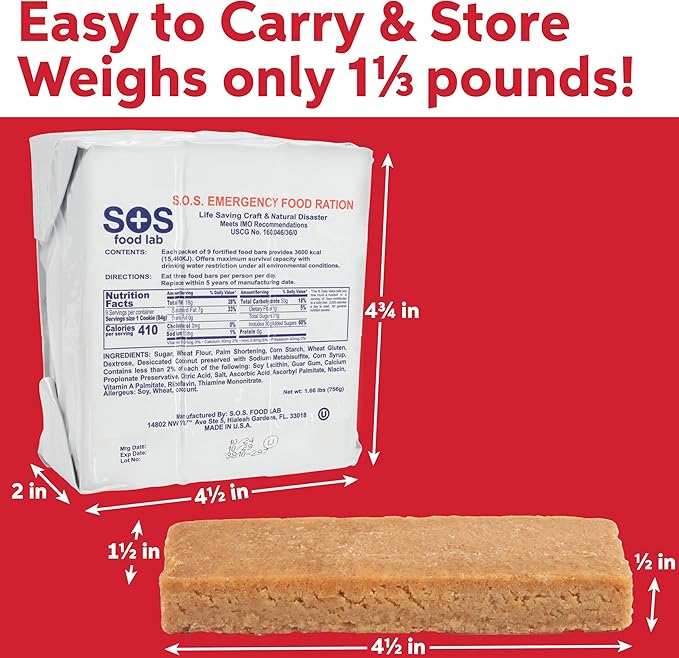 SOS Food Labs Rations Emergency 3600 Calorie Food Bar - 3 Day / 72 Hour Package with 5 Year Shelf Life- 3 Packs