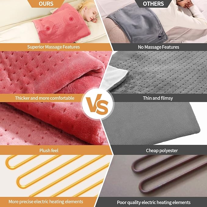 Massaging Weighted Heating Pad for Back Pain Relief,Heating Pads for Neck, Shoulder,Cramp,Portable Heated Pad with 3 Heat Settings & 6 Massage,18 Relaxing Combinations,Auto Off,20"*24",Grapefruit Red