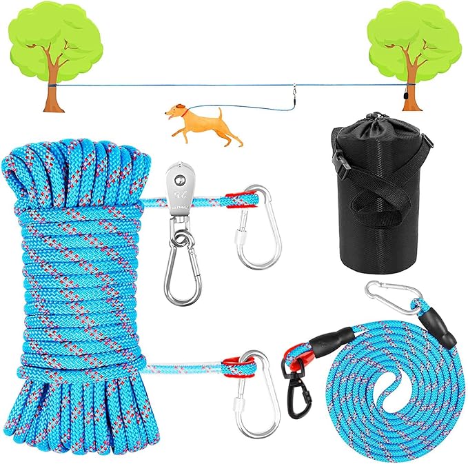 Dog Camping Essentials,Tie Out Cable for Camping,50ft Portable Trolley System with 10ft Runner Lead for Dogs up to 200lbs,Portable Reflective Dog Lead Line for Yard, Park and Outdoor (Blue)