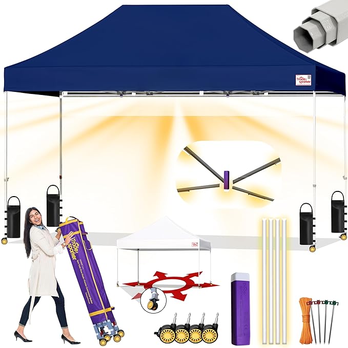 Tradesparker 10x15 Pop Up Canopy Tent,Easy up Commercial Canopy Tent Instant Shelter for Beach Events Parties Camping Market,Pop Up Canopies with LED Curtain+Casters+Weight+Stakes,Navy Blue