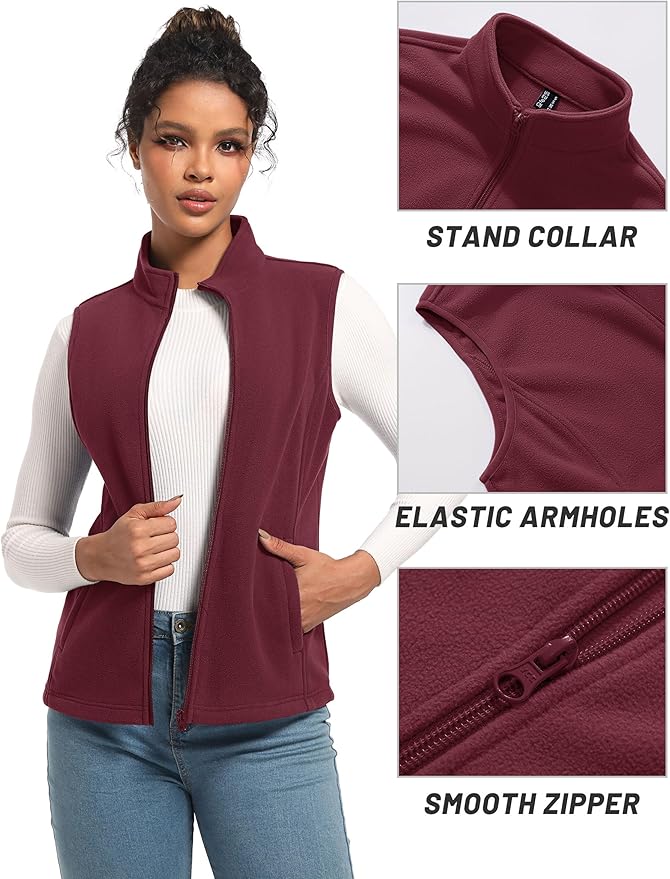TACVASEN Women's Fleece Vest Lightweight Warm Vests Outerwear Sleeveless Zip Jacket Fall Winter Soft Vest with Pockets