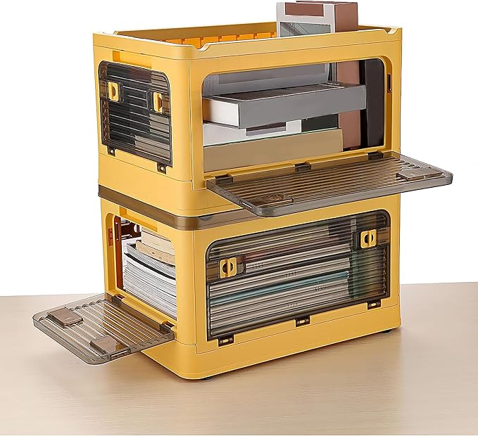 Folding Storage Bins, 28 Liters, 2 Pcs Yellow Plastic Storage Containers with Wheels, Four Doors, Foldable, Stackable, Plastic Box with Lids for Organization, Storage Cart