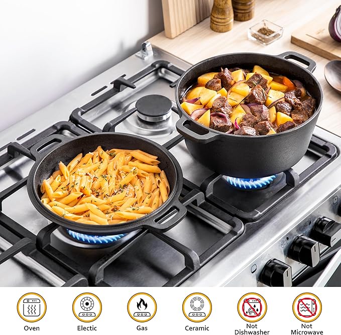 Velaze Cast Iron Dutch Oven Pot with Skillet Lid, 2-in-1 Pre-Seasoned Dual Handle Cast Iron Pan for Bread Baking, Frying, and Camping - Black 5QT